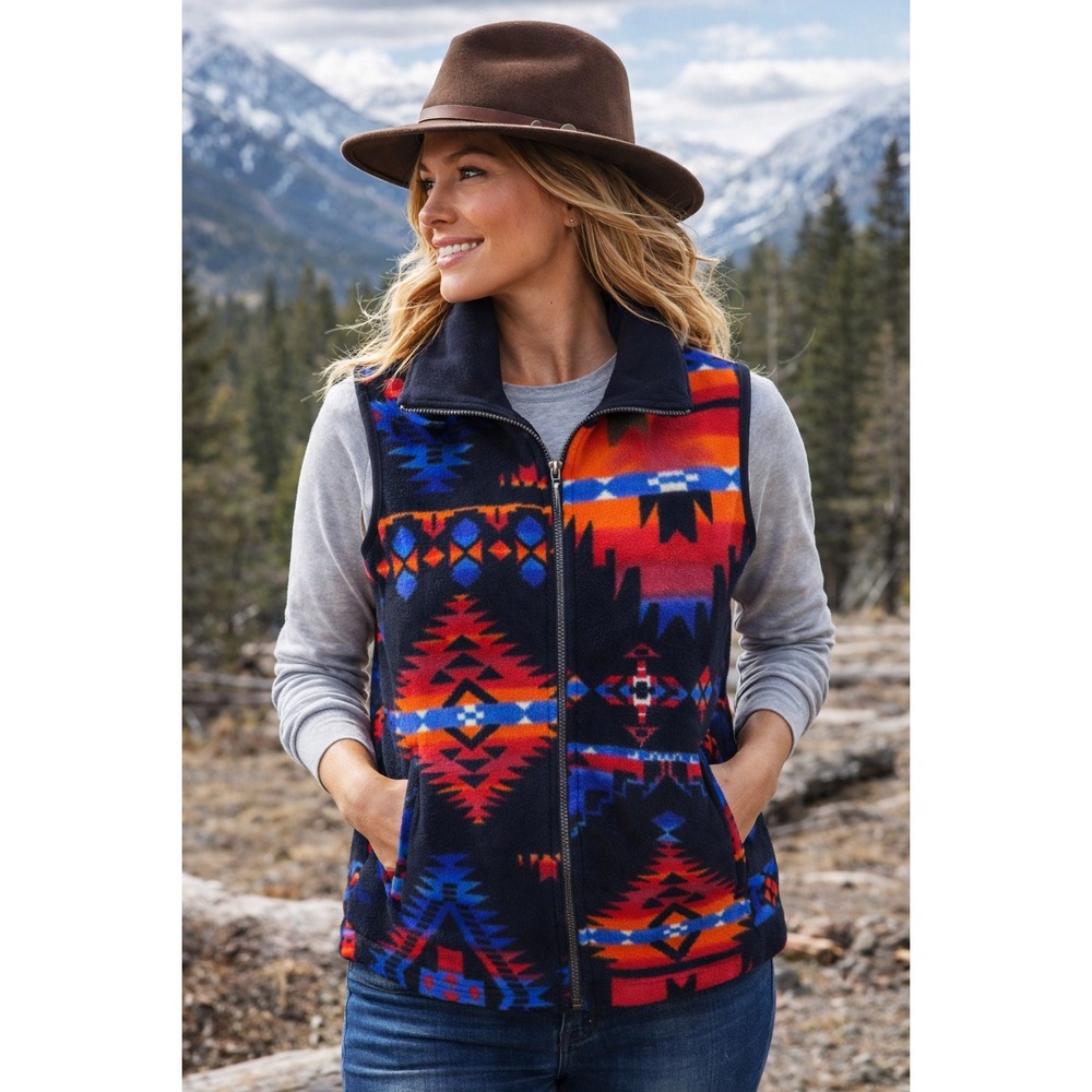Chaps X Ralph Lauren Womens Large Southwestern Fleece Vest Black Aztec Print RL